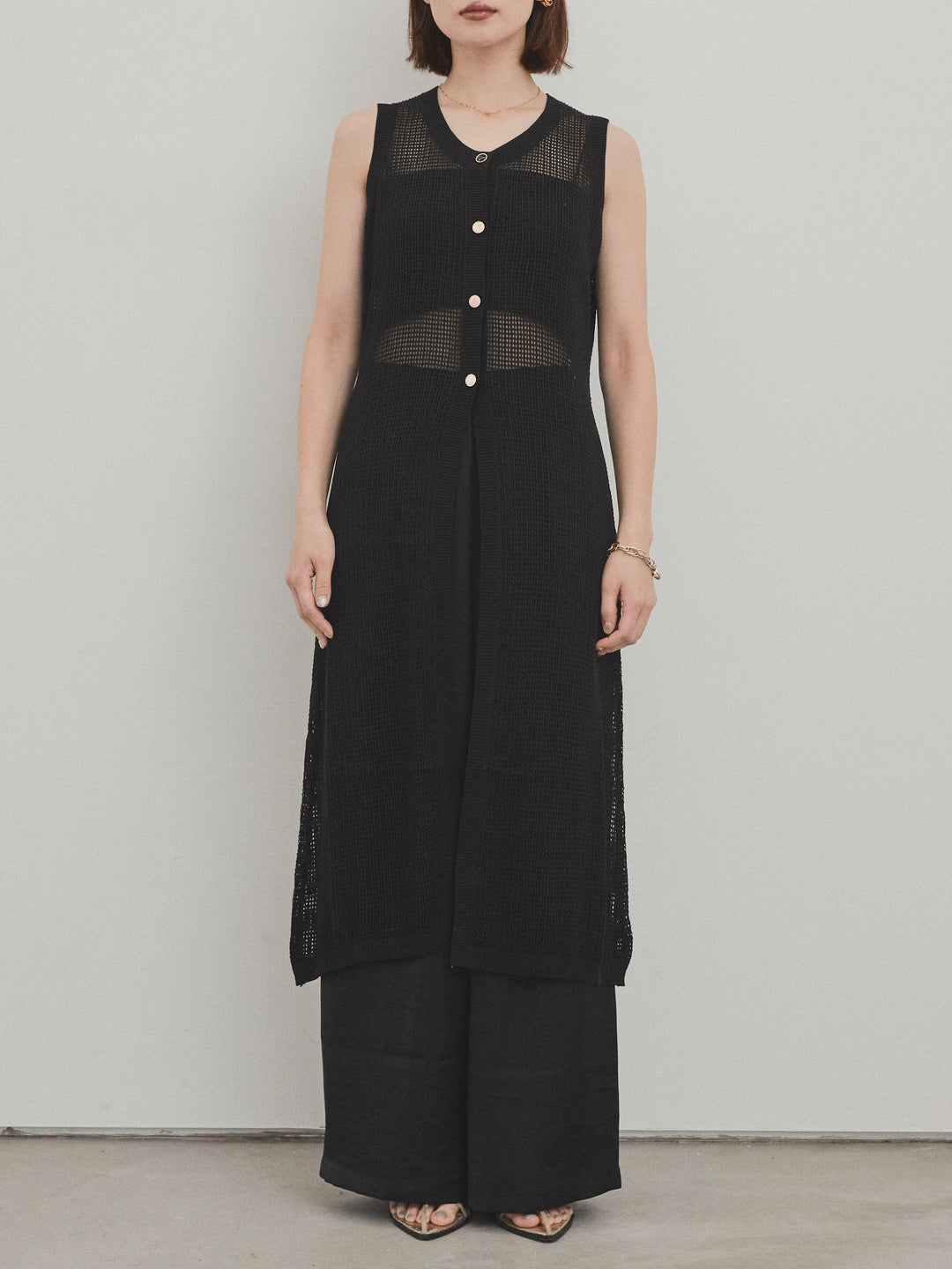 [予約]アソートボタンニットロングジレ/ブラック