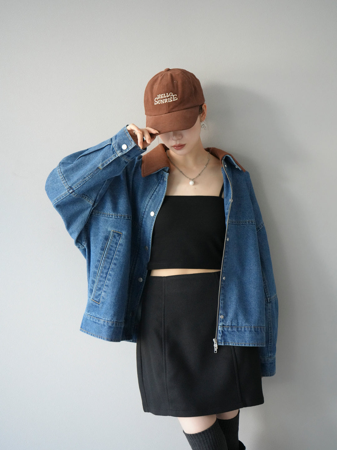 [予約]スウェード襟切替デニムブルゾン/ブルー