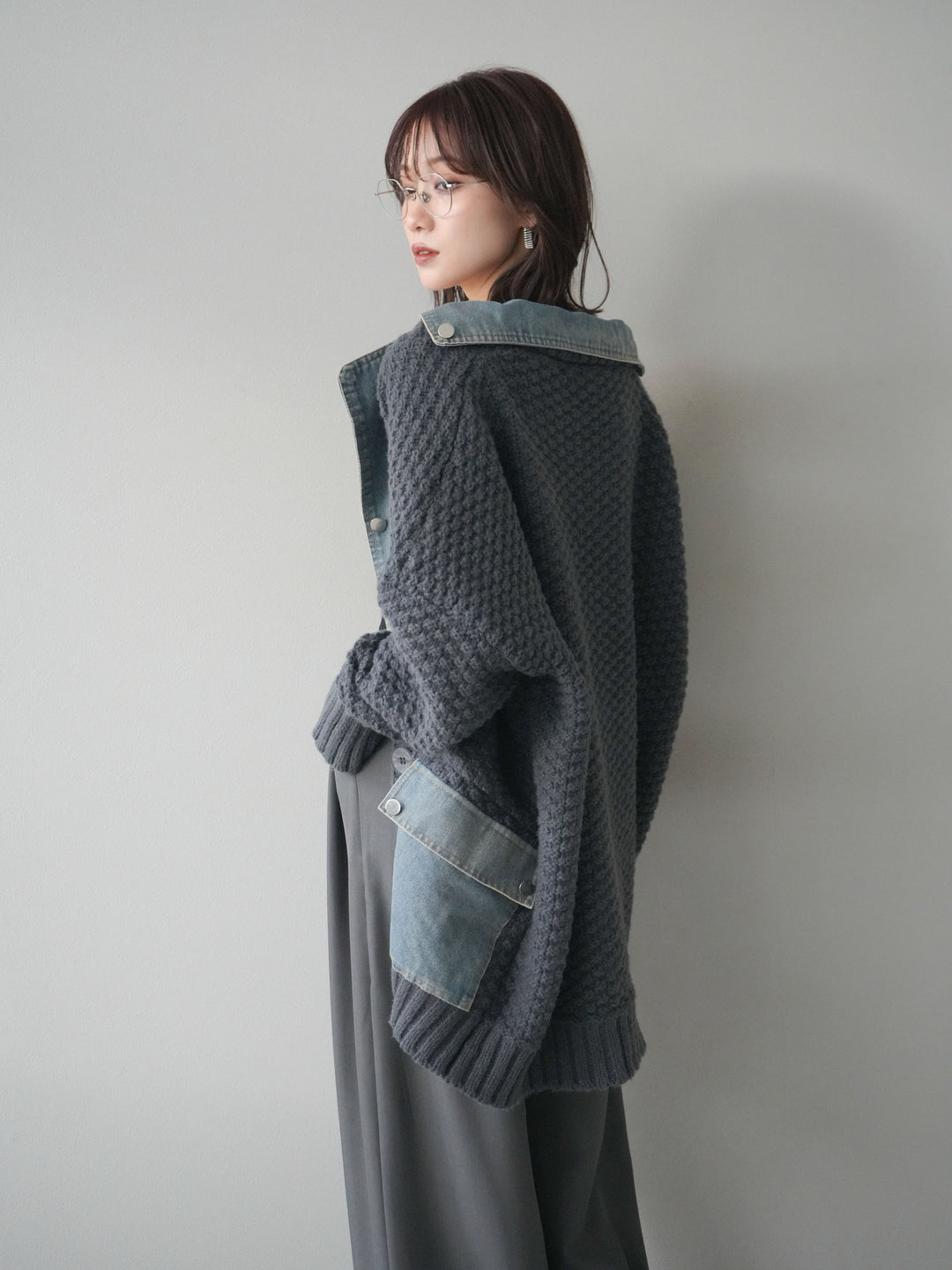 [予約]デニム襟レイヤードニットジャケット/gray