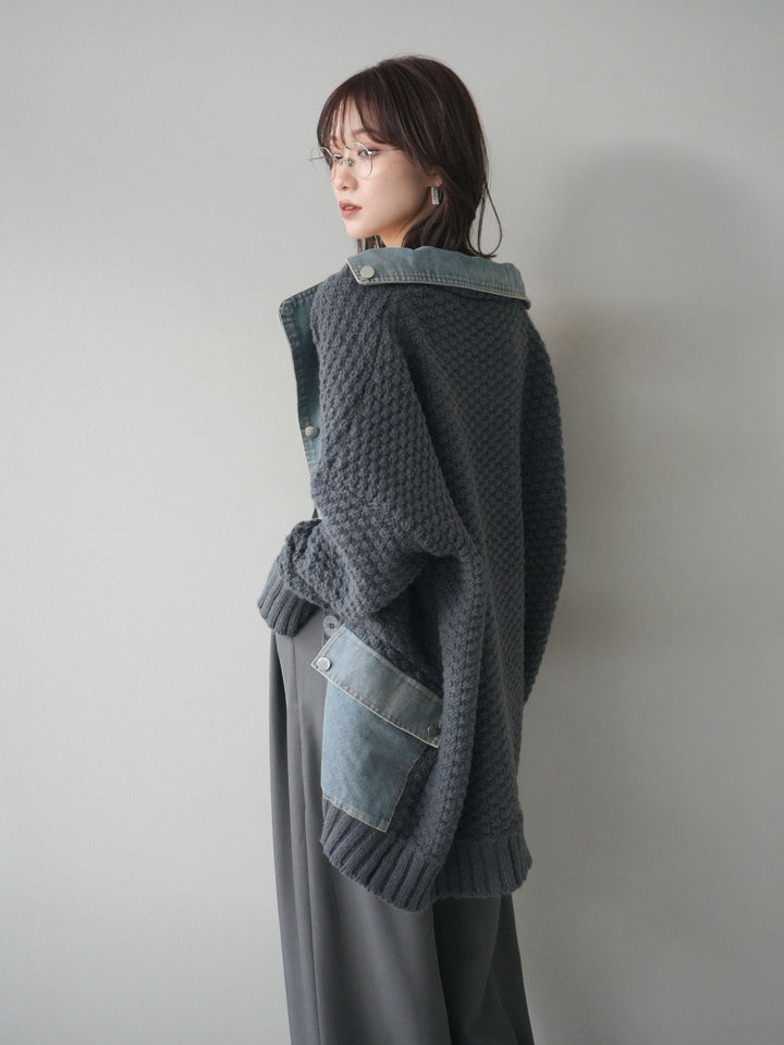 [予約]デニム襟レイヤードニットジャケット/gray