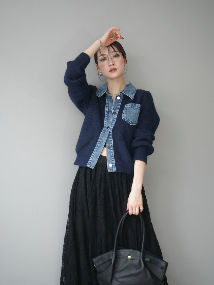 [予約]デニム襟ポケットニットカーディガン/navy