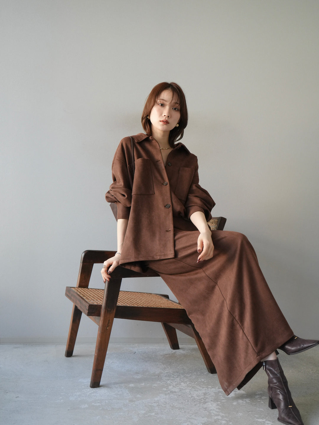 [SET]スエードシャツジャケット+スエードタイトスカート(2set)