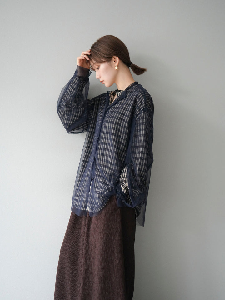 [予約]チェック柄2WAYスリーブバンドカラーシャツ/ベージュブラック