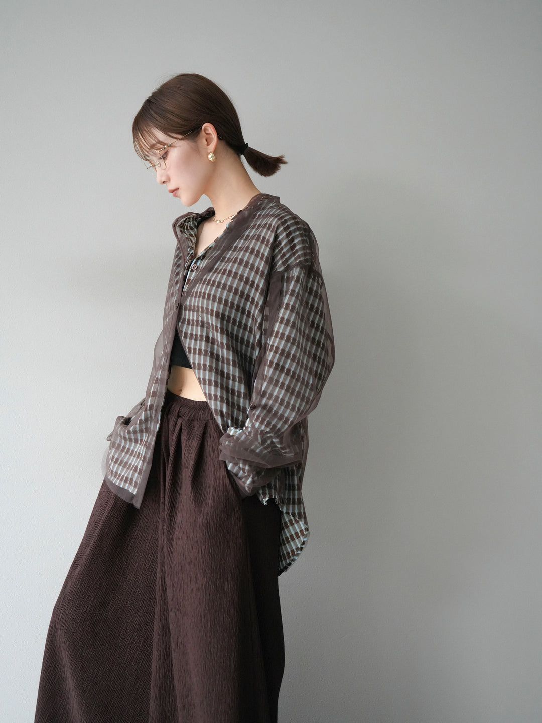 [予約]チェック柄2WAYスリーブバンドカラーシャツ/ブルーブラウン