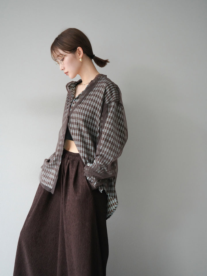 [予約]チェック柄2WAYスリーブバンドカラーシャツ/ブルーブラウン