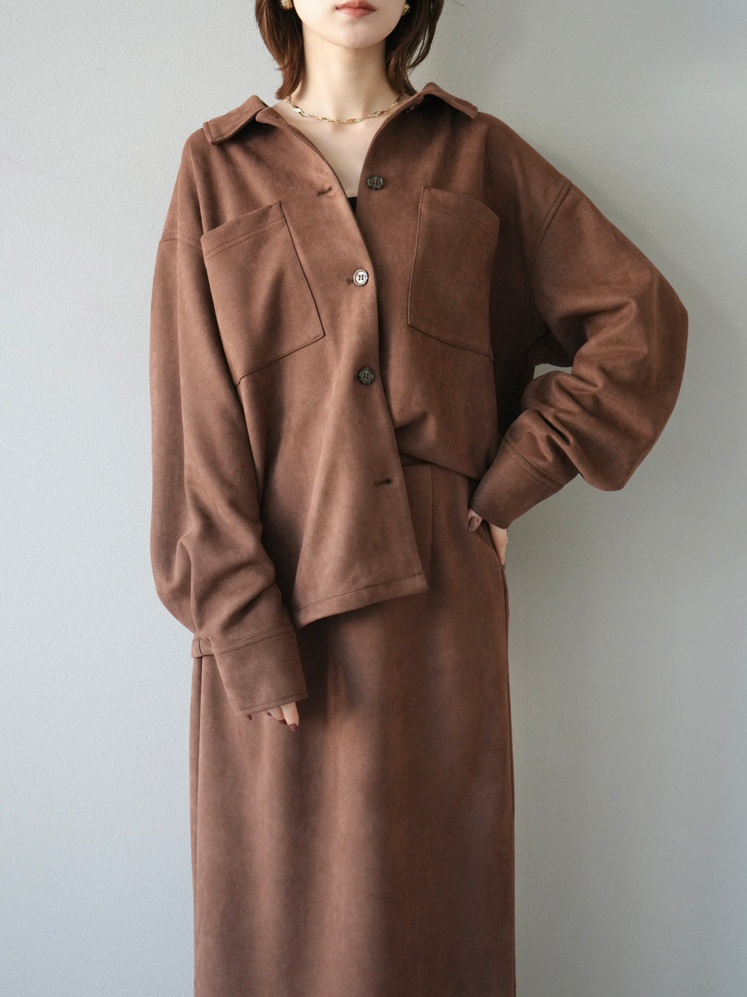 [SET]スエードシャツジャケット+スエードタイトスカート(2set)