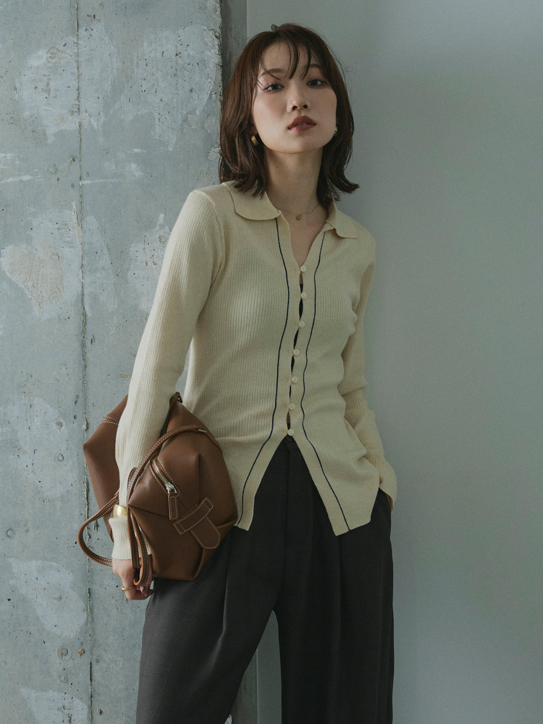 【Allure】[SET]リブ配色ラインポロニットカーディガン+サイドタックワイドパンツ(2set)