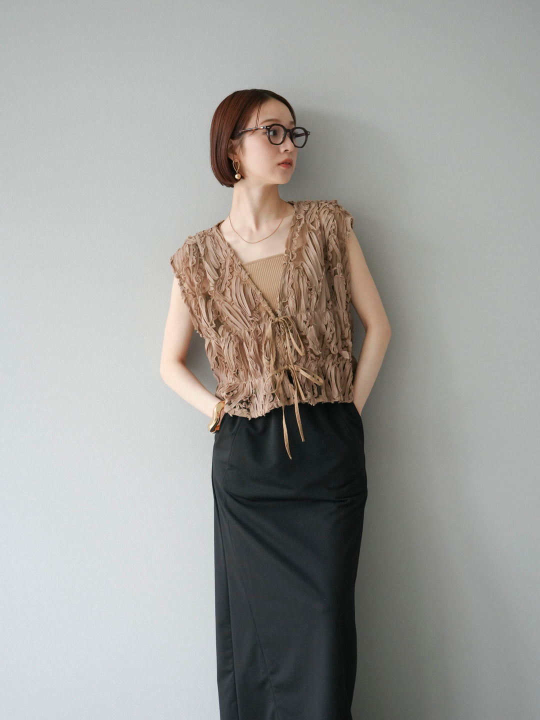 [SET]ジャガードレースリボントップス+スウェットロングスカート(2set)