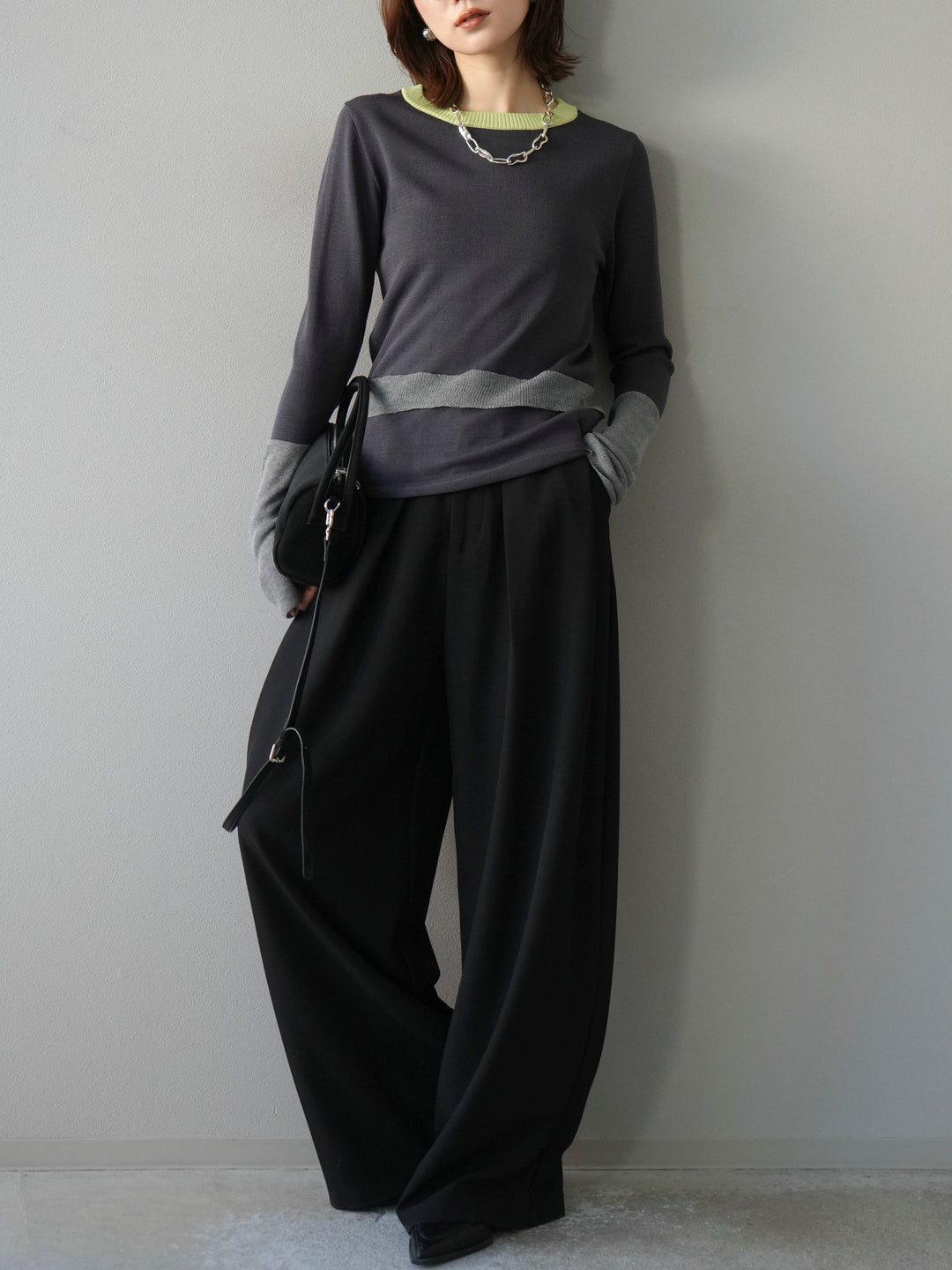 [予約]異素材配色デザインニットトップス/チャコール