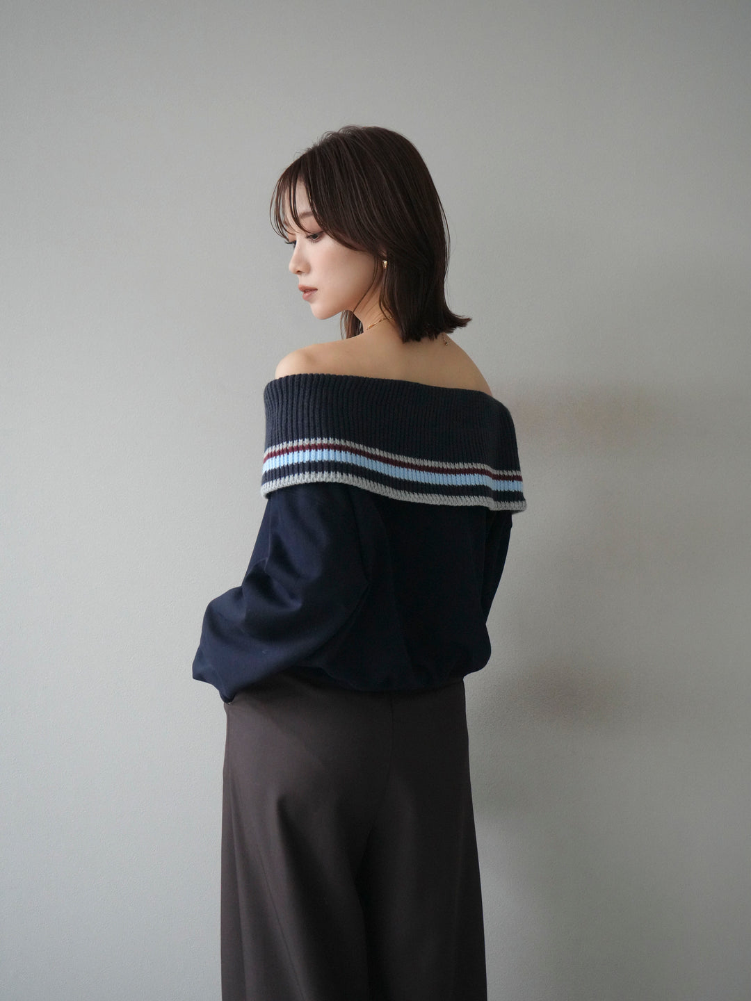 [予約]ボーダーニットオフショルダーxスウェットプルオーバー/navy
