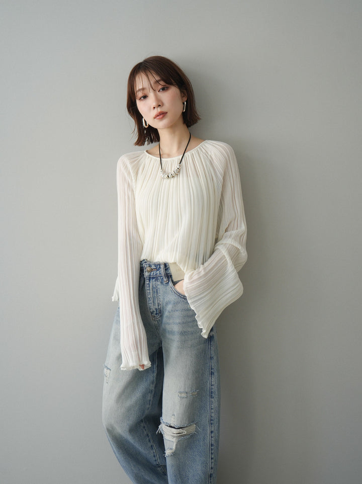 [SET]プリーツシアーフレアスリーブニットトップス+選べるアクセセット(2set)