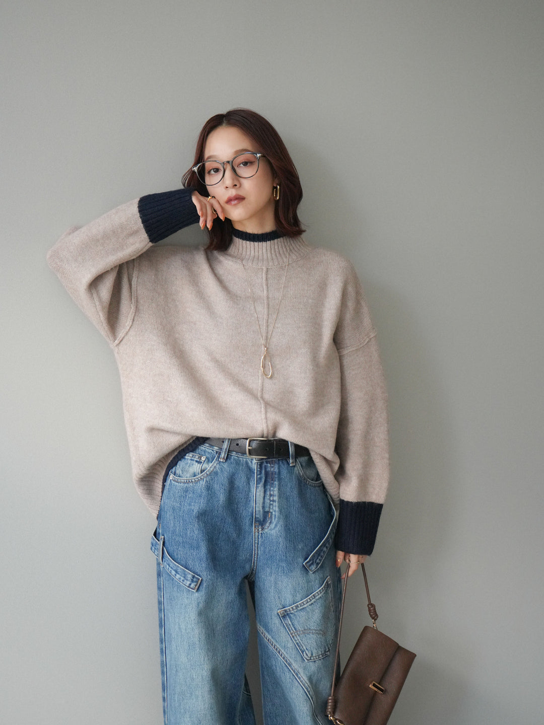 [SET]配色ハイネックニットプルオーバー+ペインターカーブデニムパンツ(2set)