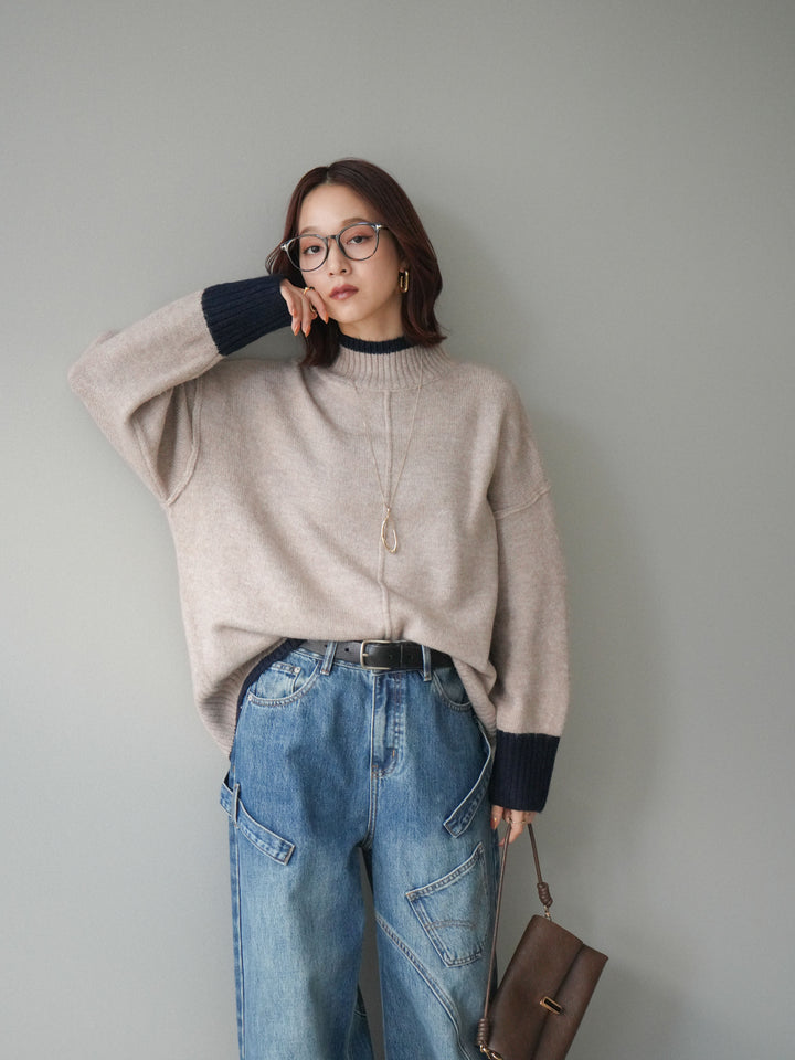 [SET]配色ハイネックニットプルオーバー+ペインターカーブデニムパンツ(2set)