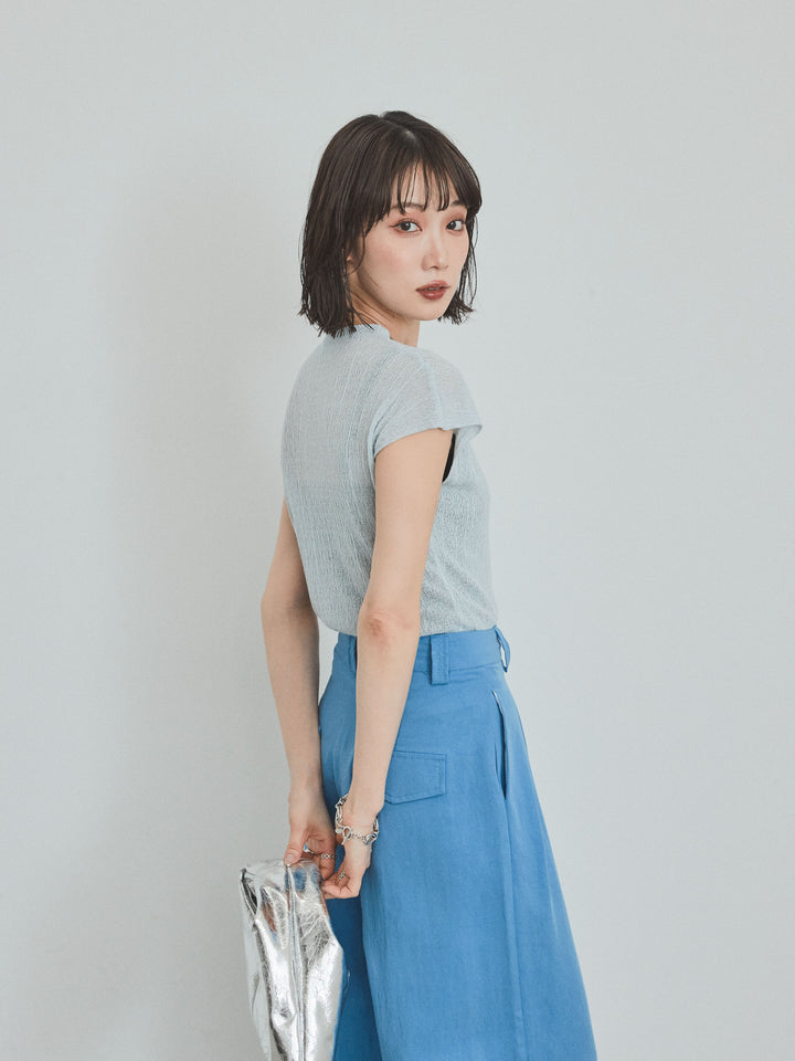 [SET] 法式袖透視針織上衣 + 亞麻觸感褶皺寬褲 (2set)
