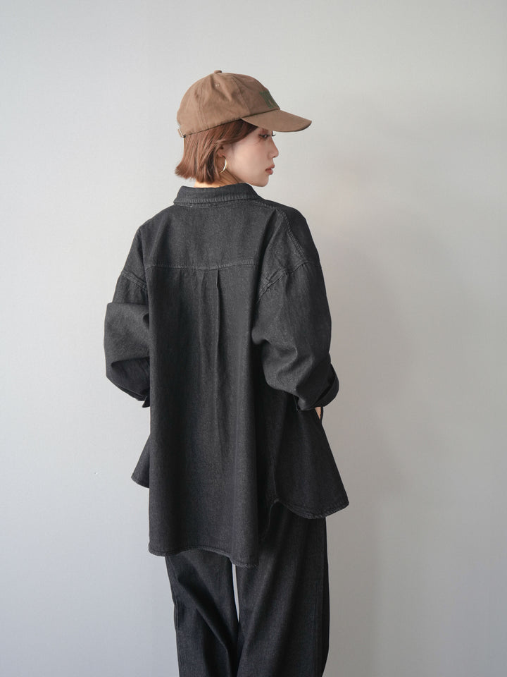 [SET]ポイントレザーオーバーデニムシャツ+ドロストワイドデニムパンツ(2set)