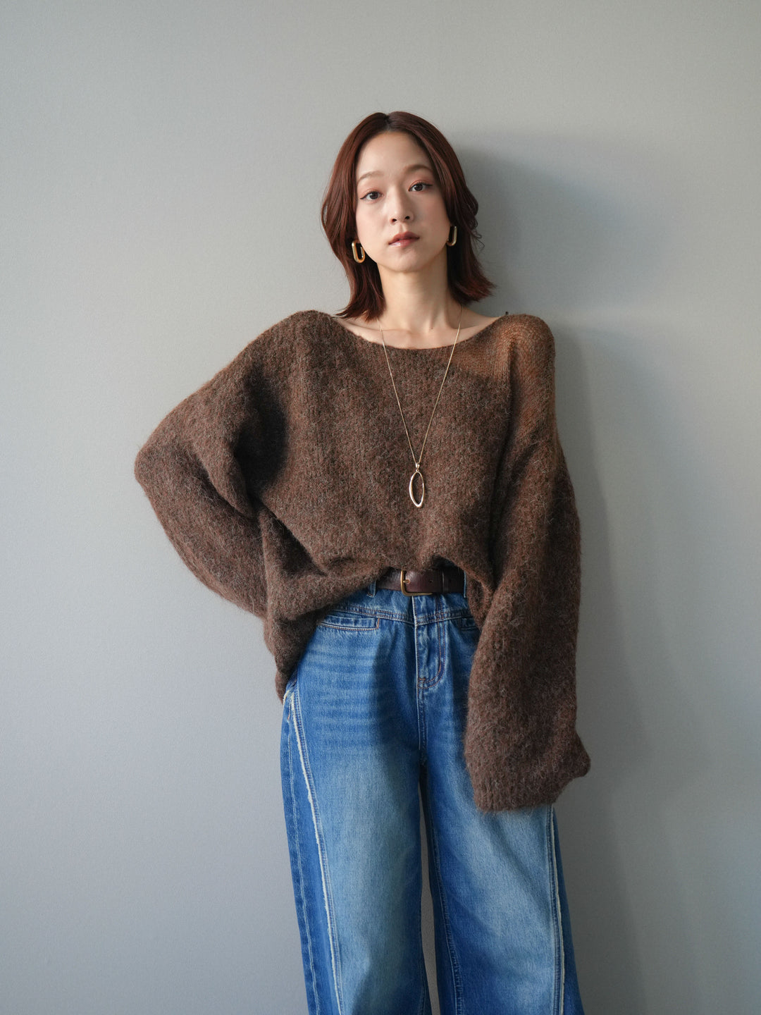 [SET]透かしデザインニットプルオーバー+サイドフリンジワイドデニムパンツ(2set)