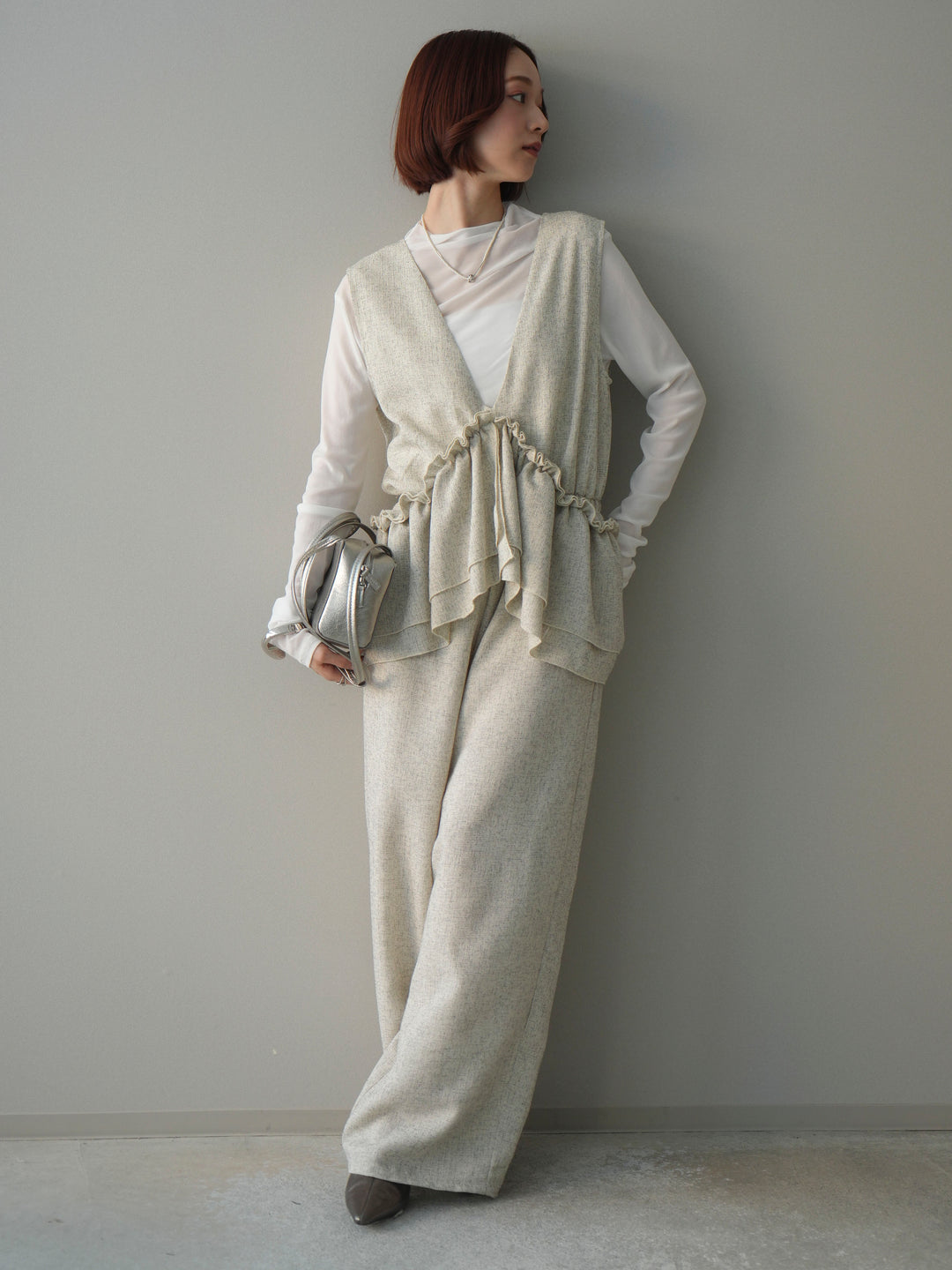 [SET]3WAYミックスツイードギャザーオールインワン+シアープチネックストレッチトップス(2set)