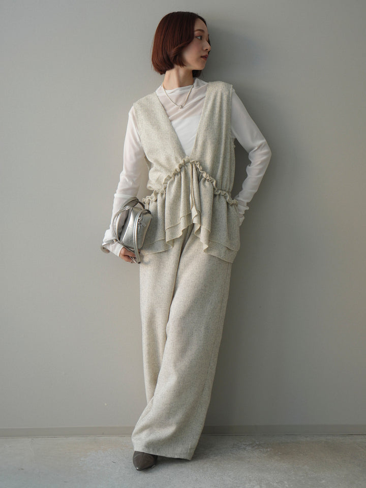 [SET]3WAYミックスツイードギャザーオールインワン+シアープチネックストレッチトップス(2set)