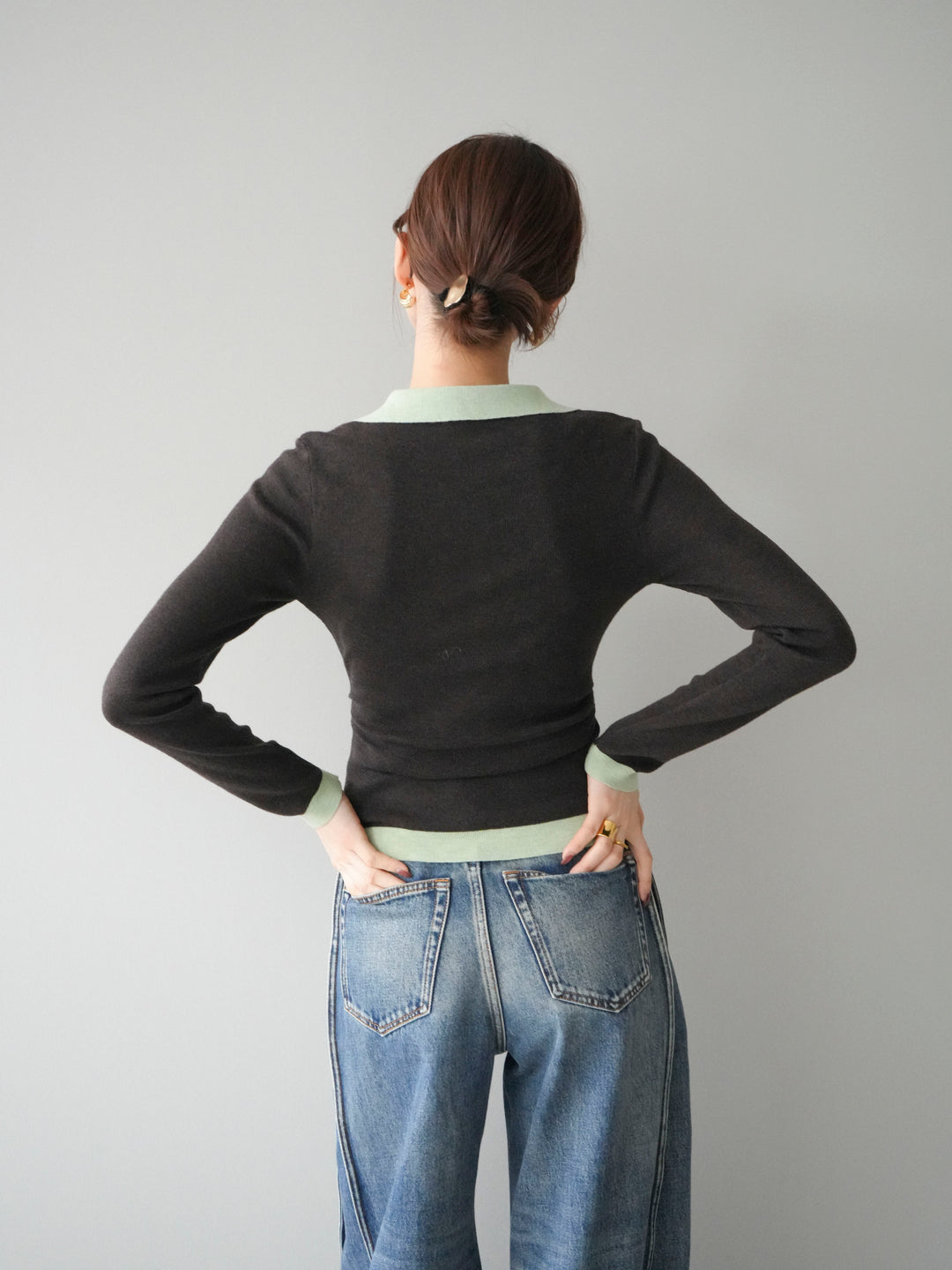 [予約]レイヤード配色ポロニットトップス/darkbrown