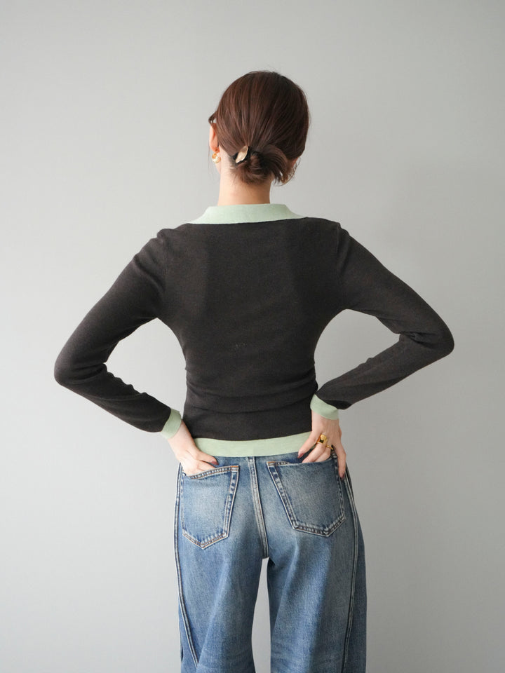 [予約]レイヤード配色ポロニットトップス/darkbrown