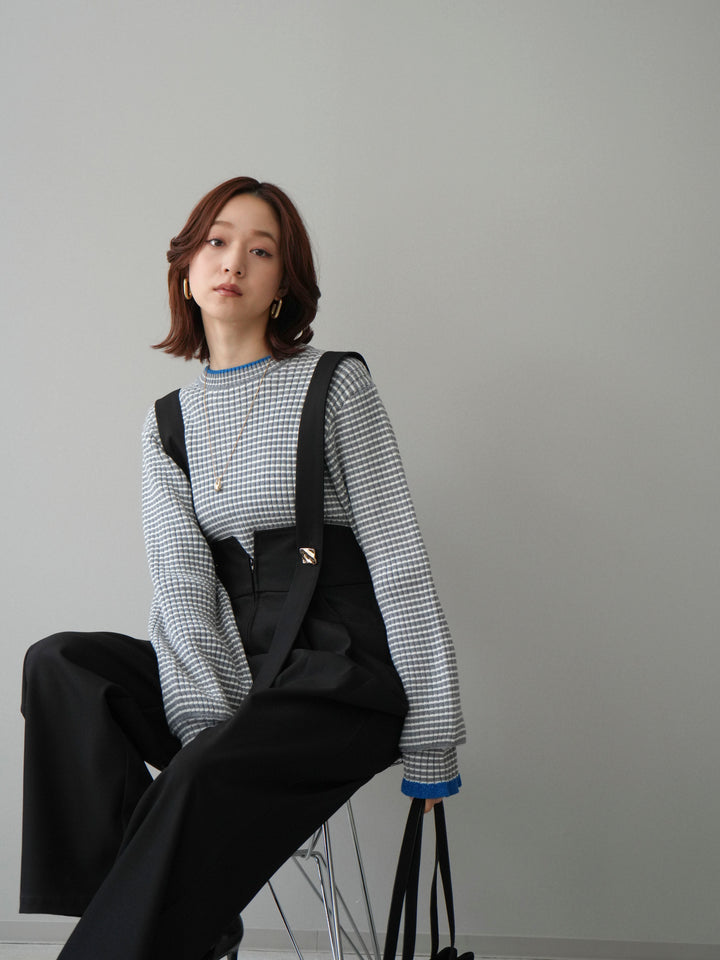 [SET]ラメ異素材ボーダーリブニットプルオーバー+ゴールドボタンサスペンダーワイドパンツ(2set)