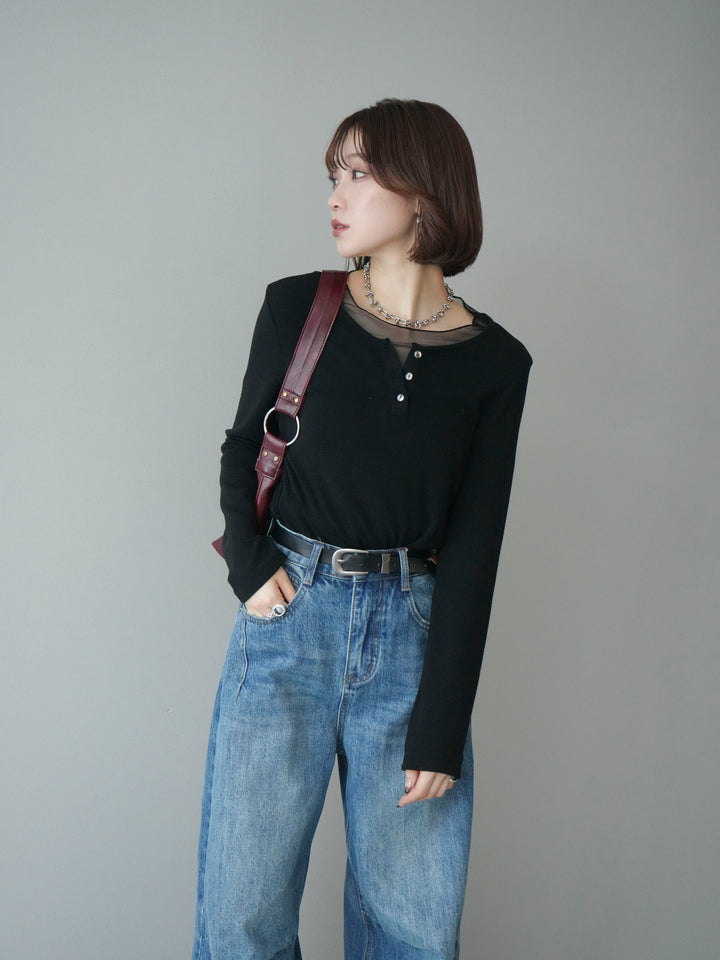 [予約]チュールレイヤードヘンリーネックカットソー/black