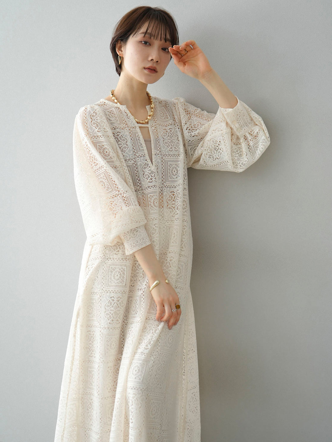 [Pre-order] Block Lace Volume Sleeve Dress/Ivory