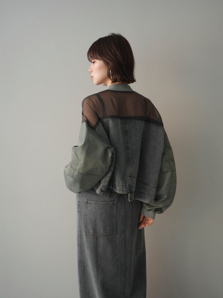 [SET]異素材デニムブルゾン+フロントジップデニムスカート(2set)