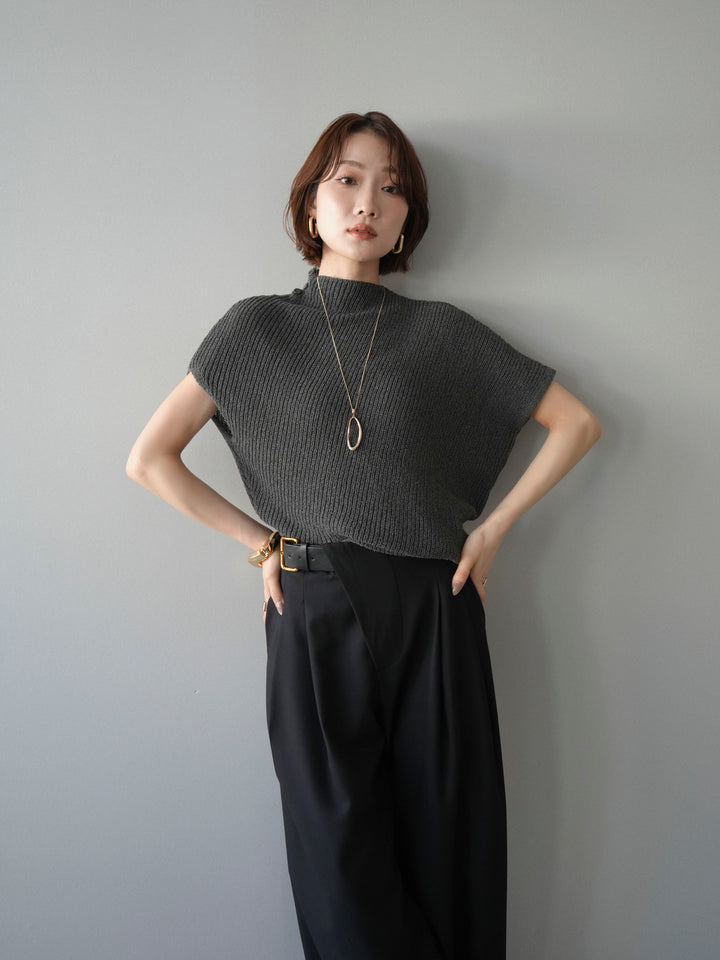 [SET]アシンメトリーローゲージニットトップス+アシンメトリーベルトタックワイドパンツ(2set)