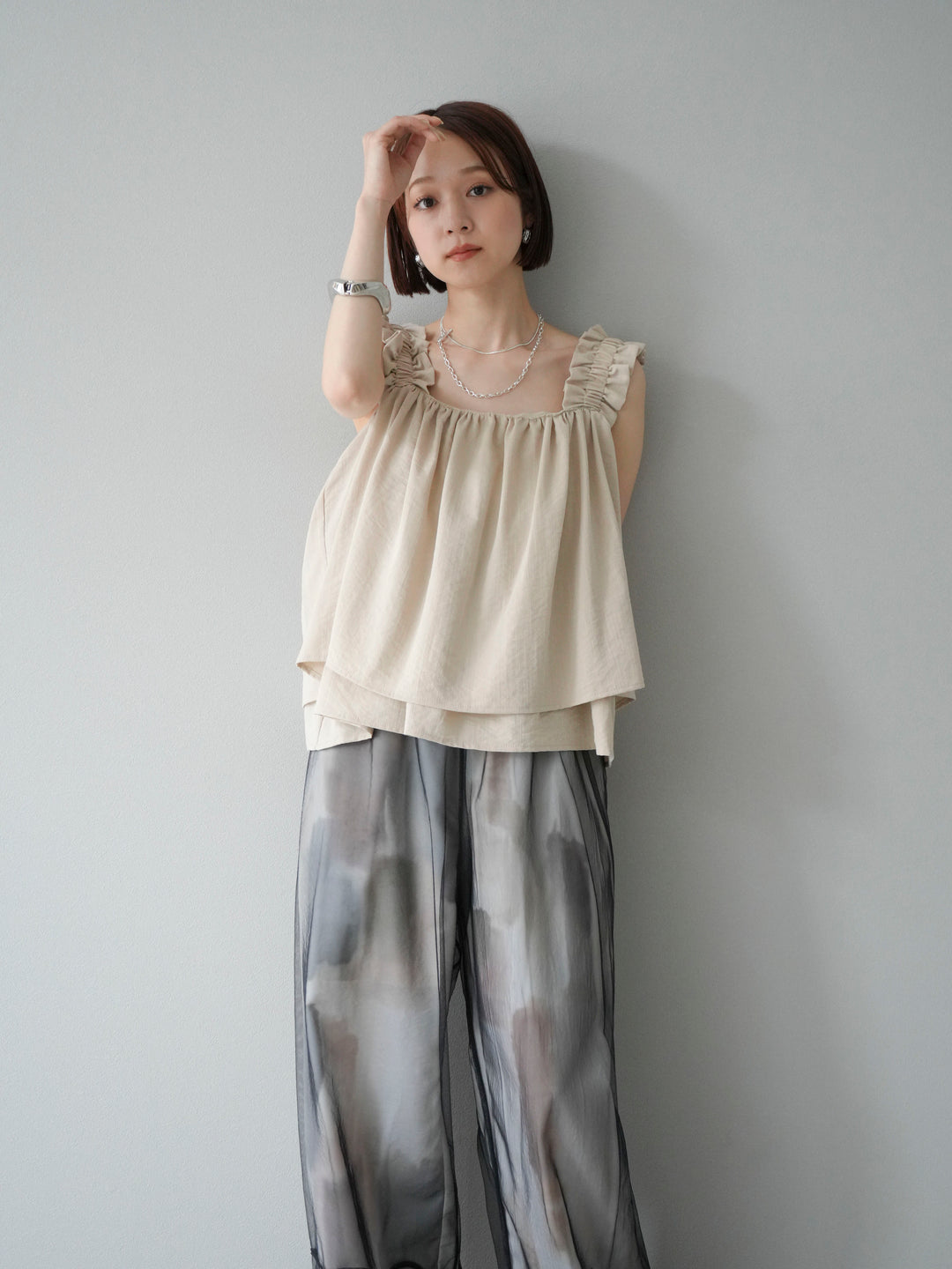 [SET] 縮肩喇叭背心 + 水彩藝術休閒褲 (2 件組)