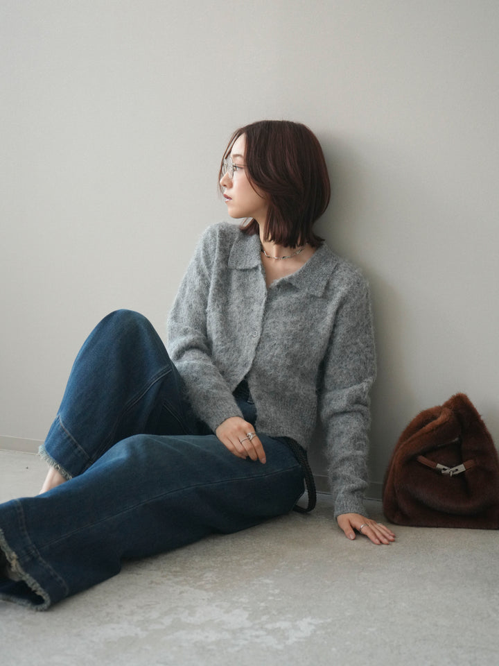 [SET]モヘア衿付きボタンプルオーバー+裏起毛裾フリンジワイドデニムパンツ(2set)