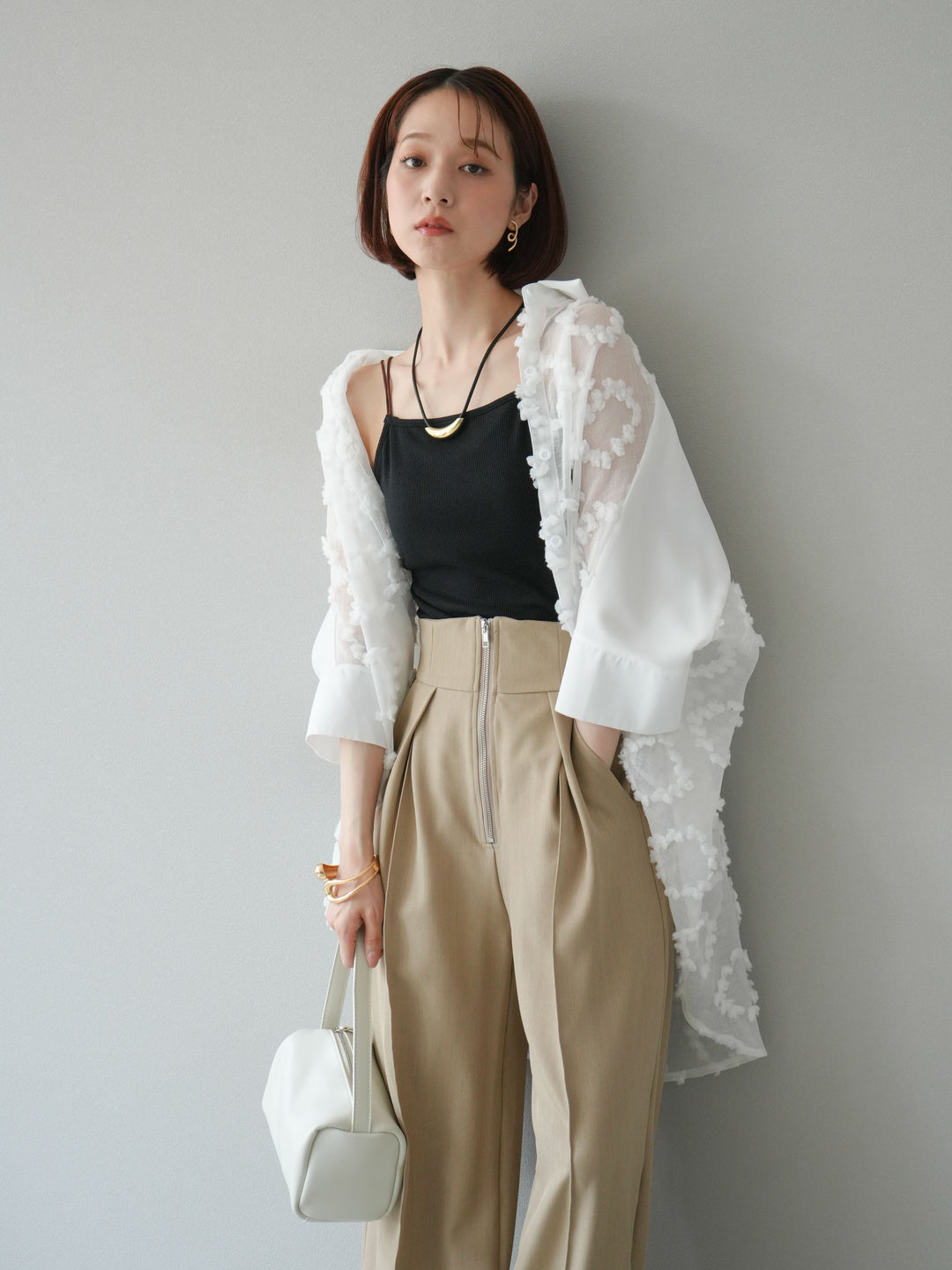 [預訂] 混合材質透視半身襯衫/白色