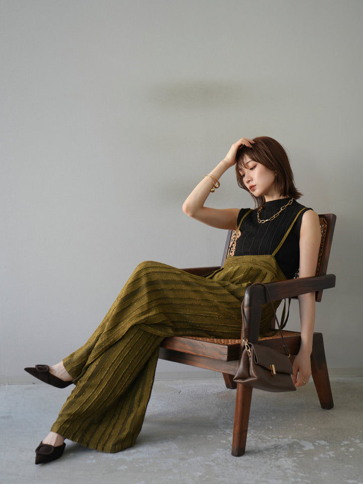 [予約]ジャガードストライプサロペット/カーキ