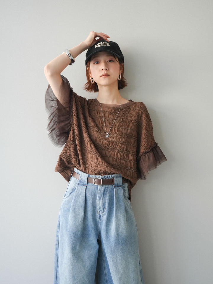 [予約]チュール袖リップルトップス/brown