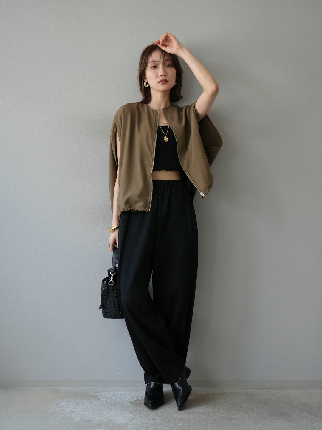 [予約]スリーブレスドロストZIPブルゾン/ブラウン