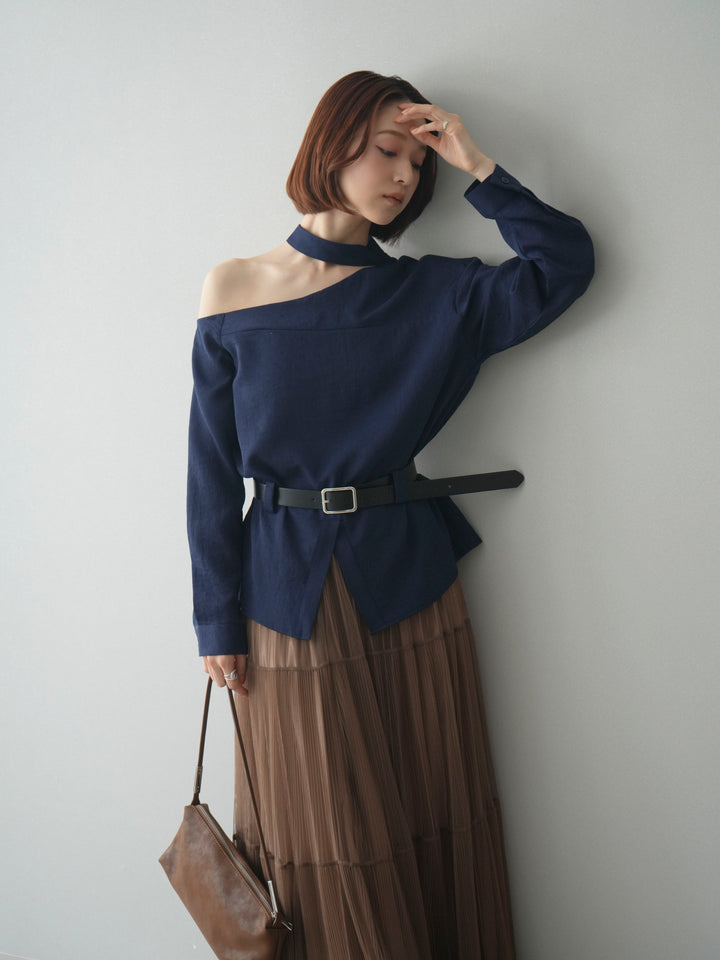 [SET]ベルト付ワンショルダースリットブラウス+ラメプリーツレイヤードチュールロングスカート(2set)