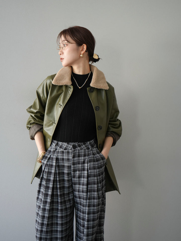 [予約]襟ボアレザーブルゾン/カーキ