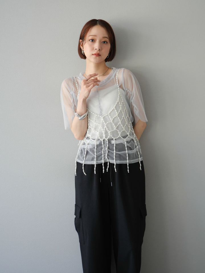 [SET]ラメチュールシャーリングプルオーバー+パールフリンジビスチェ+ウエストラインサイドポケットスウェットパンツ(3set)