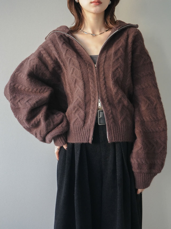 [SET]ケーブル編みハイネックZIPニットカーディガン+ベルトデザインループコールテンワイドパンツ(ベルト付き)(2set)