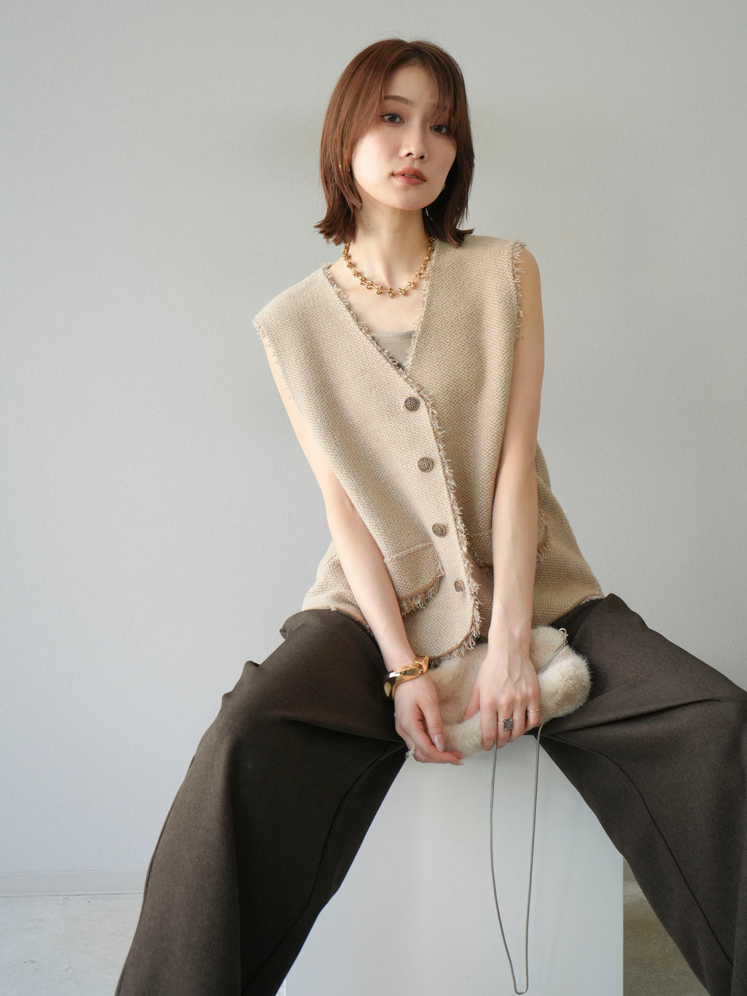 [予約]ツイードライクフリンジニットベスト/ベージュ