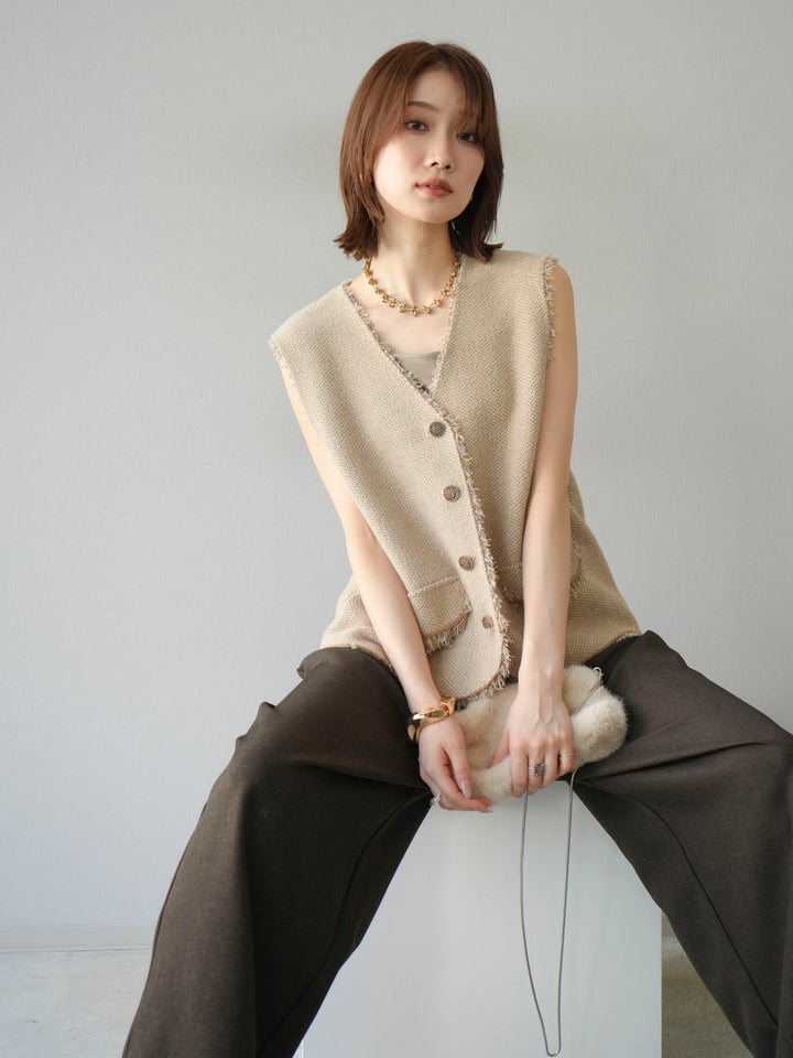 [予約]ツイードライクフリンジニットベスト/ベージュ