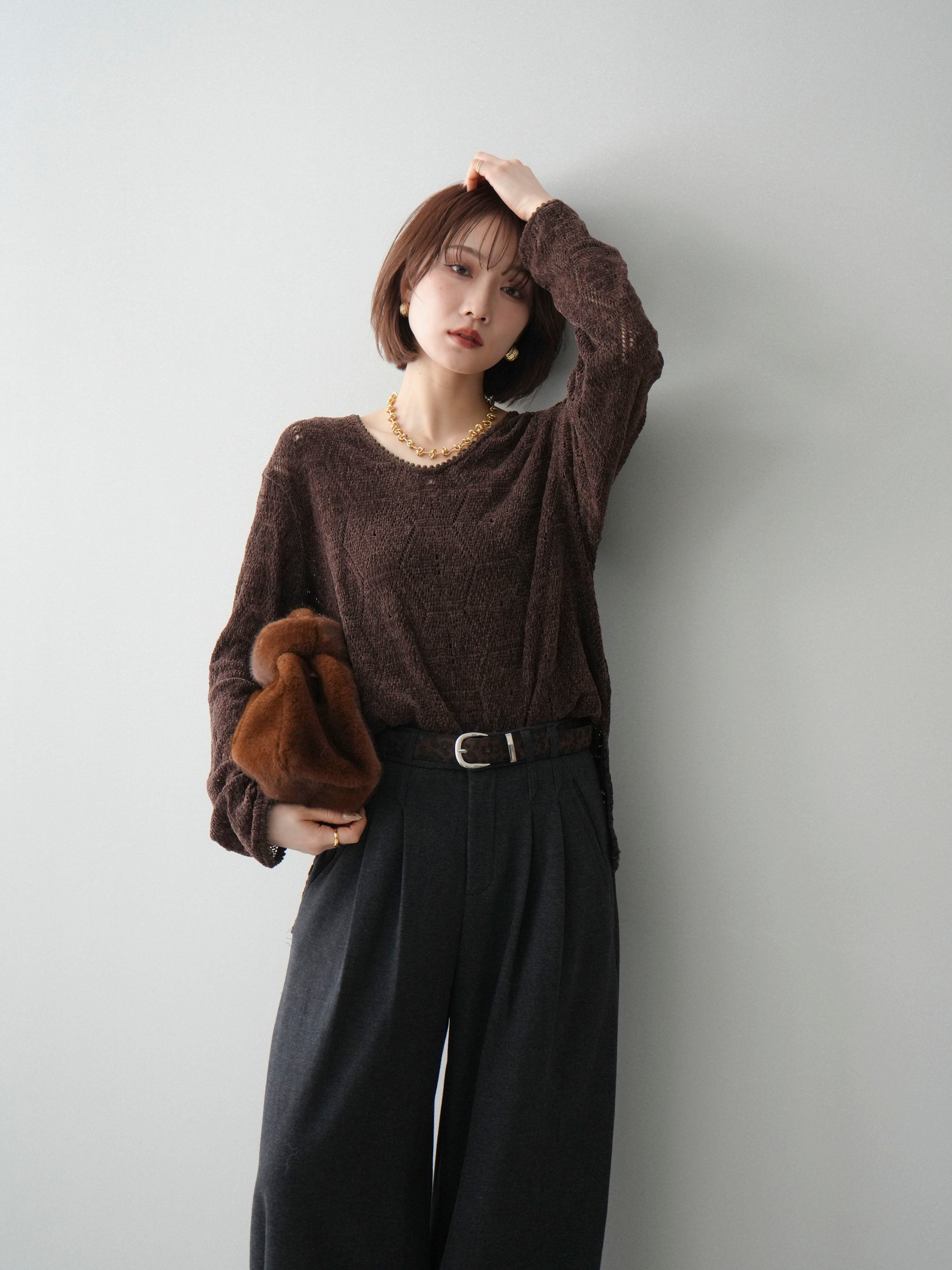 予約]モール透かし編みニットトップス/brown – Lumier