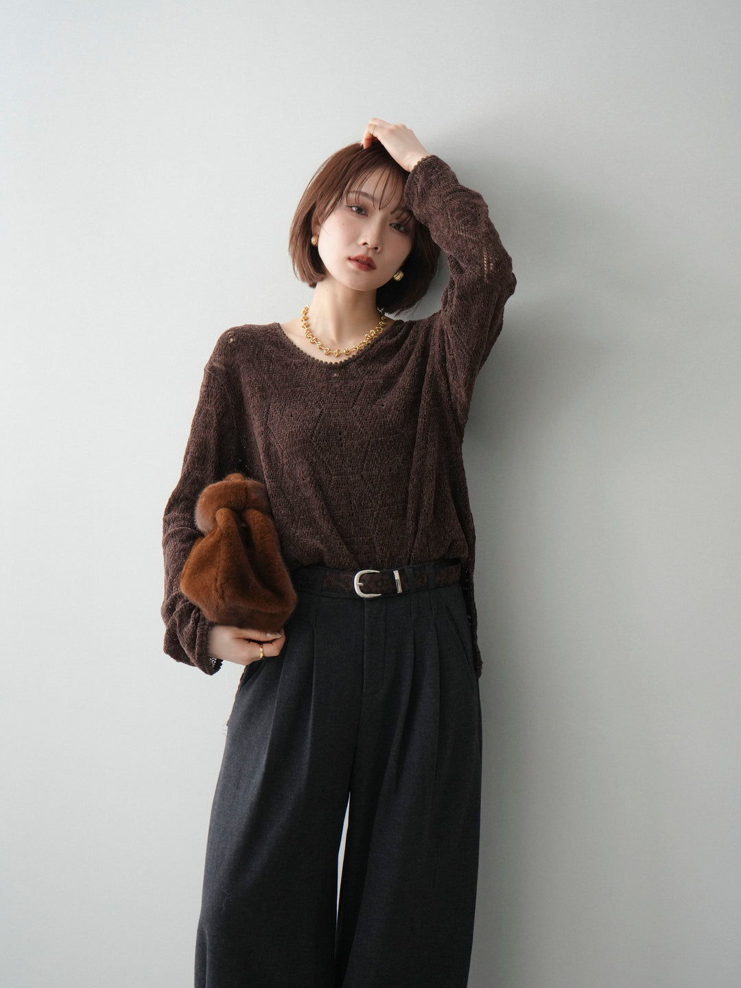 [予約]モール透かし編みニットトップス/brown