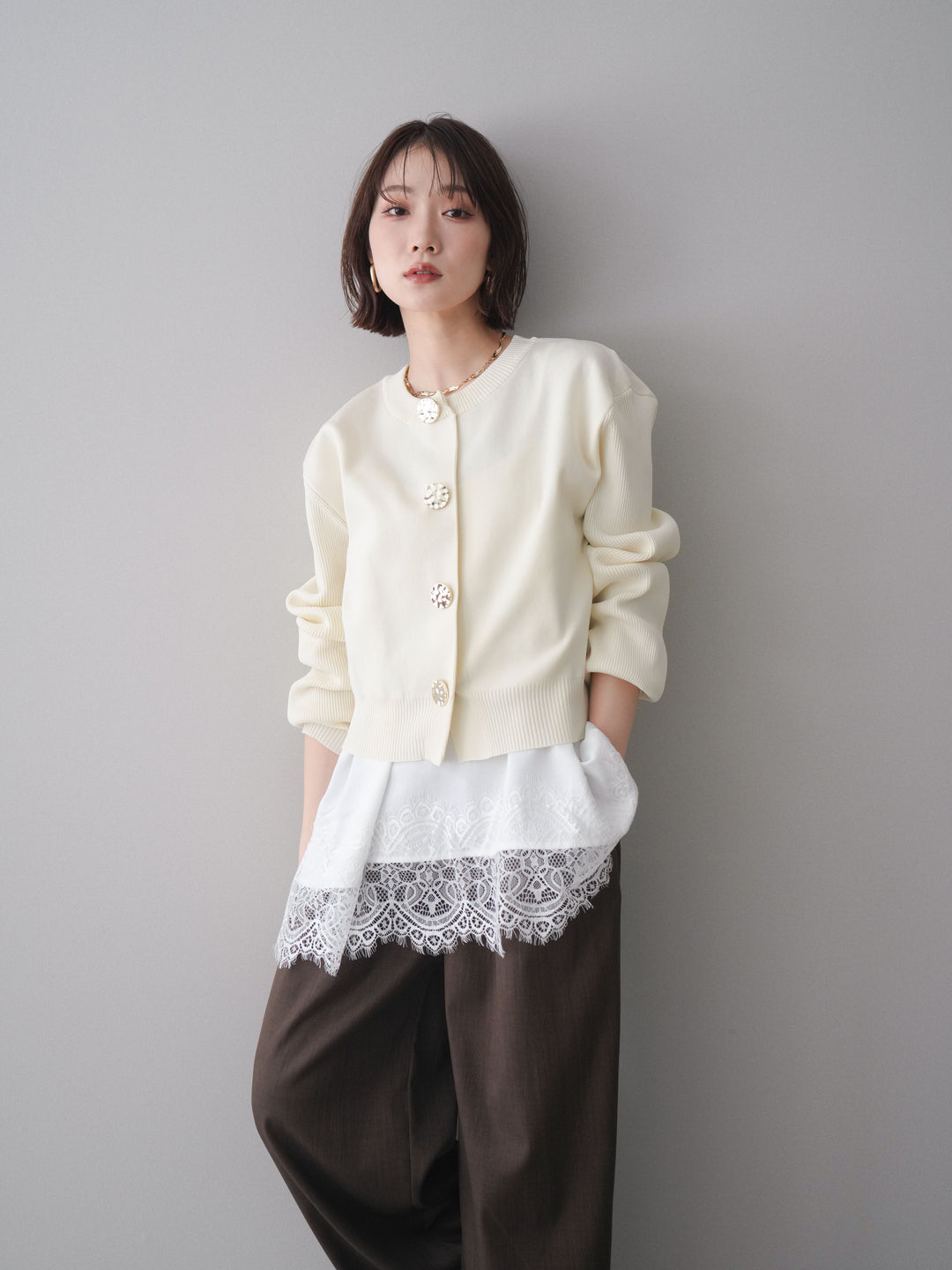 [SET]メタルボタンクルーネックニットカーディガン+選べるアクセセット(2set)