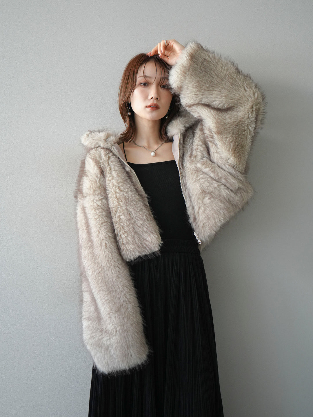 [予約]フェイクファーショートZIPジャケット/beigemix