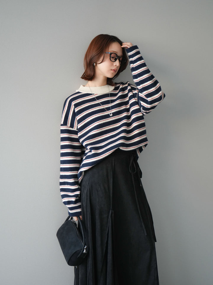 [予約]モックネックボーダーニットプルオーバー/navy