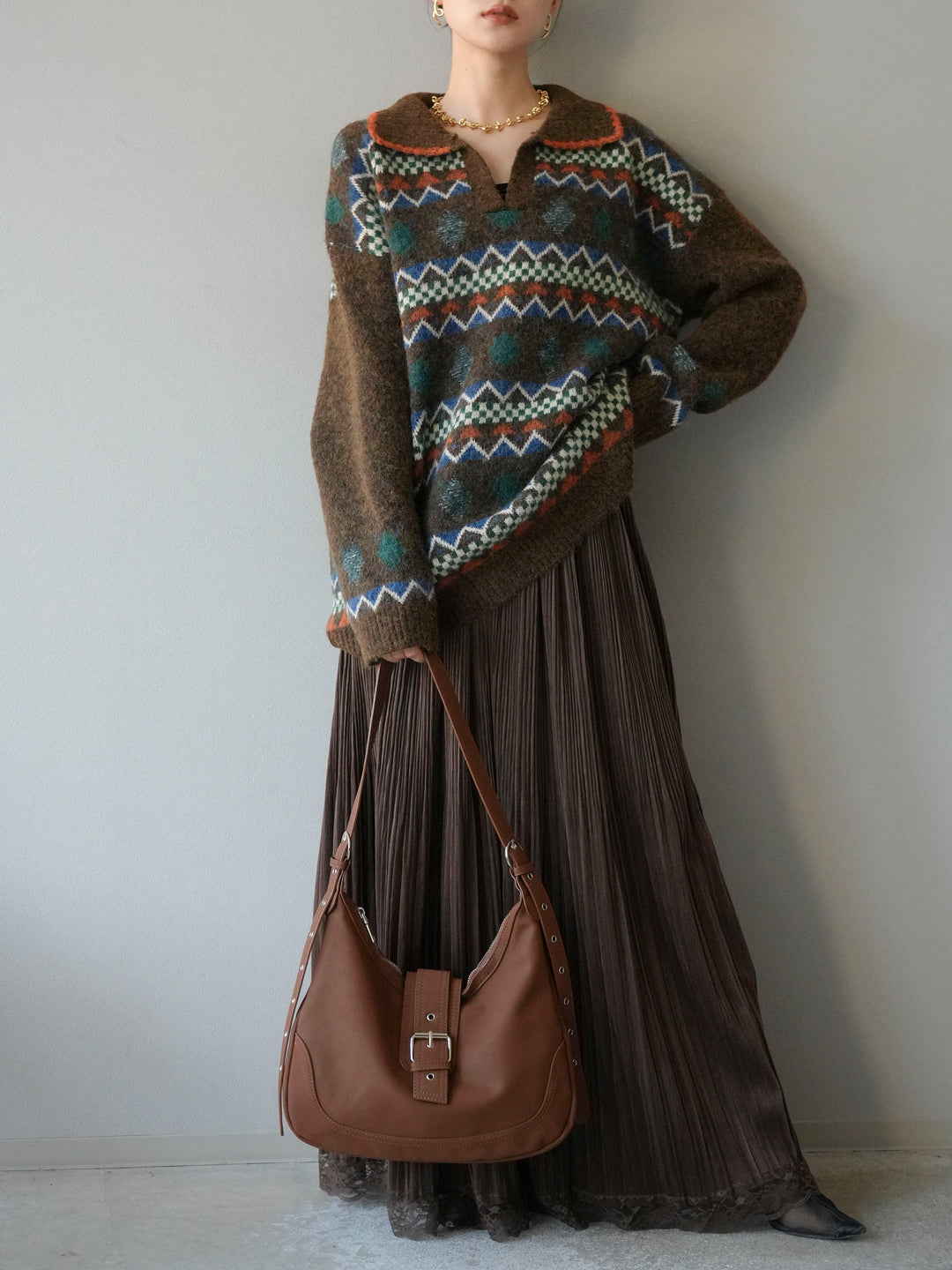 [予約]ノルディック柄ポロニットプルオーバー/ブラウン