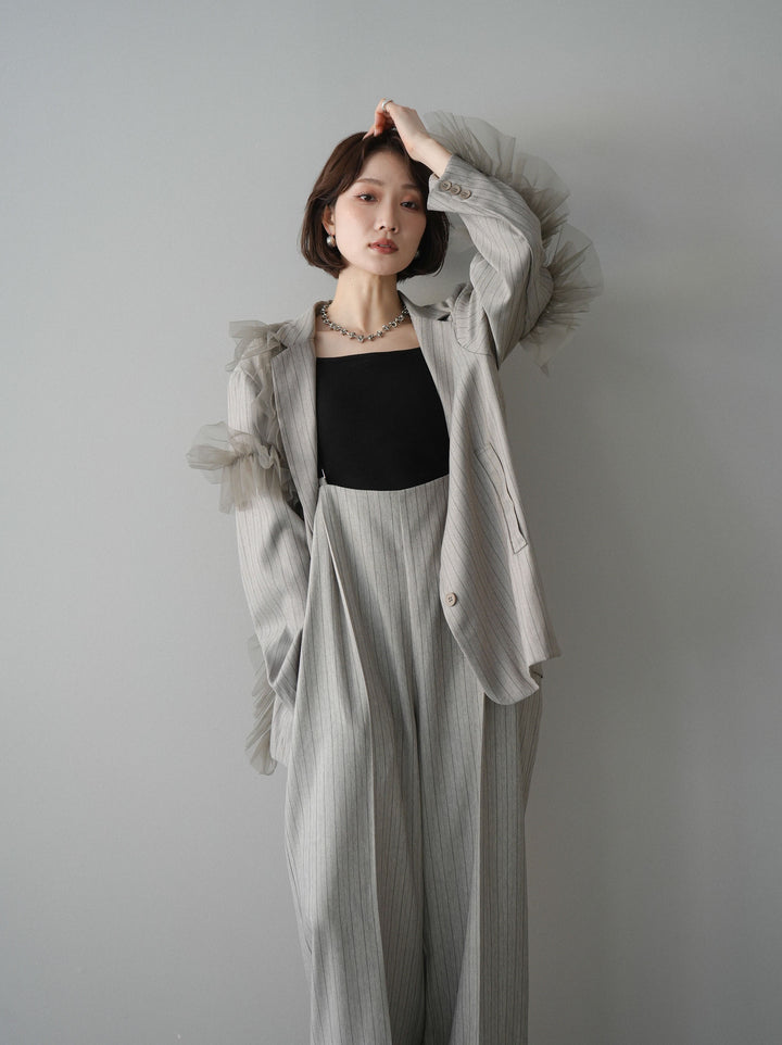[予約]アシンメトリーチュールストライプジャケット/greige