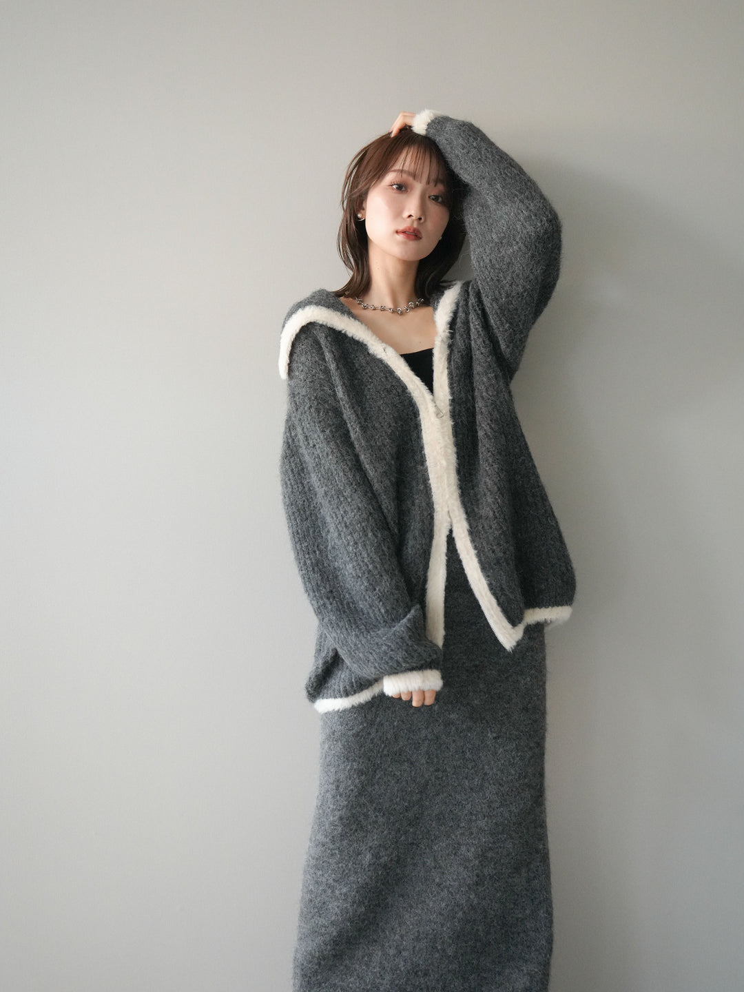 [SET]襟付き配色シャギーニット＆ロングスカートSET UP(2set)