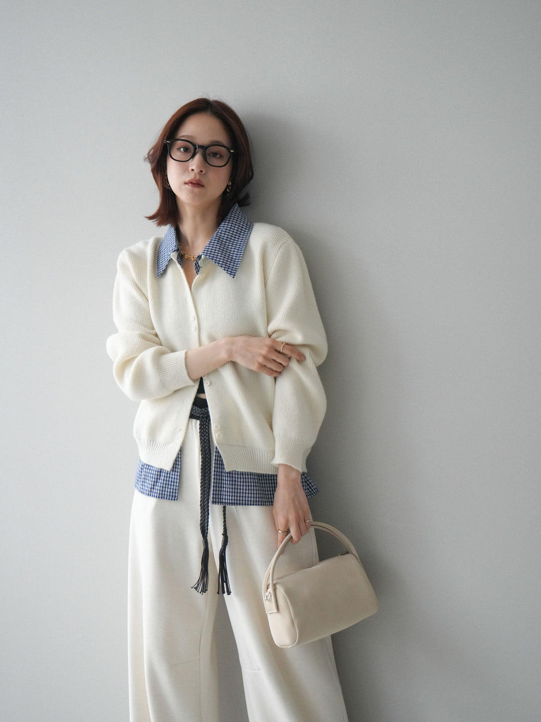 [SET]チェックシャツ襟ニットカーディガン+編み込みベルト付きウエスト配色スエットパンツ(2set)